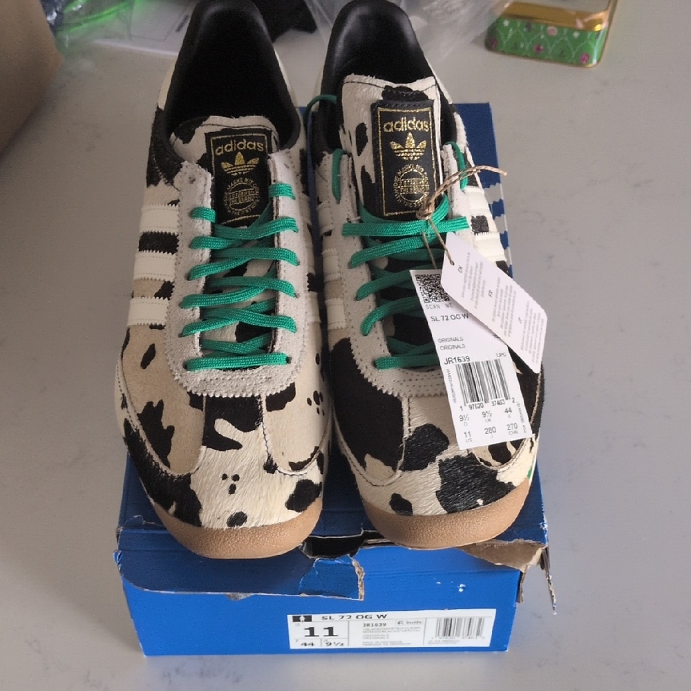 Adidas Black and White Cow Print Shoes with Green Accents